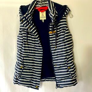 Navy and white horizontal stripe hooded (detachable) puffy vest